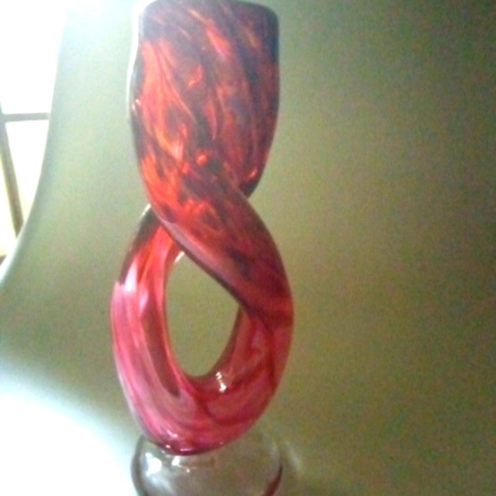 Hand Blown Glass Double Stem Vase Variations of Red Swirls